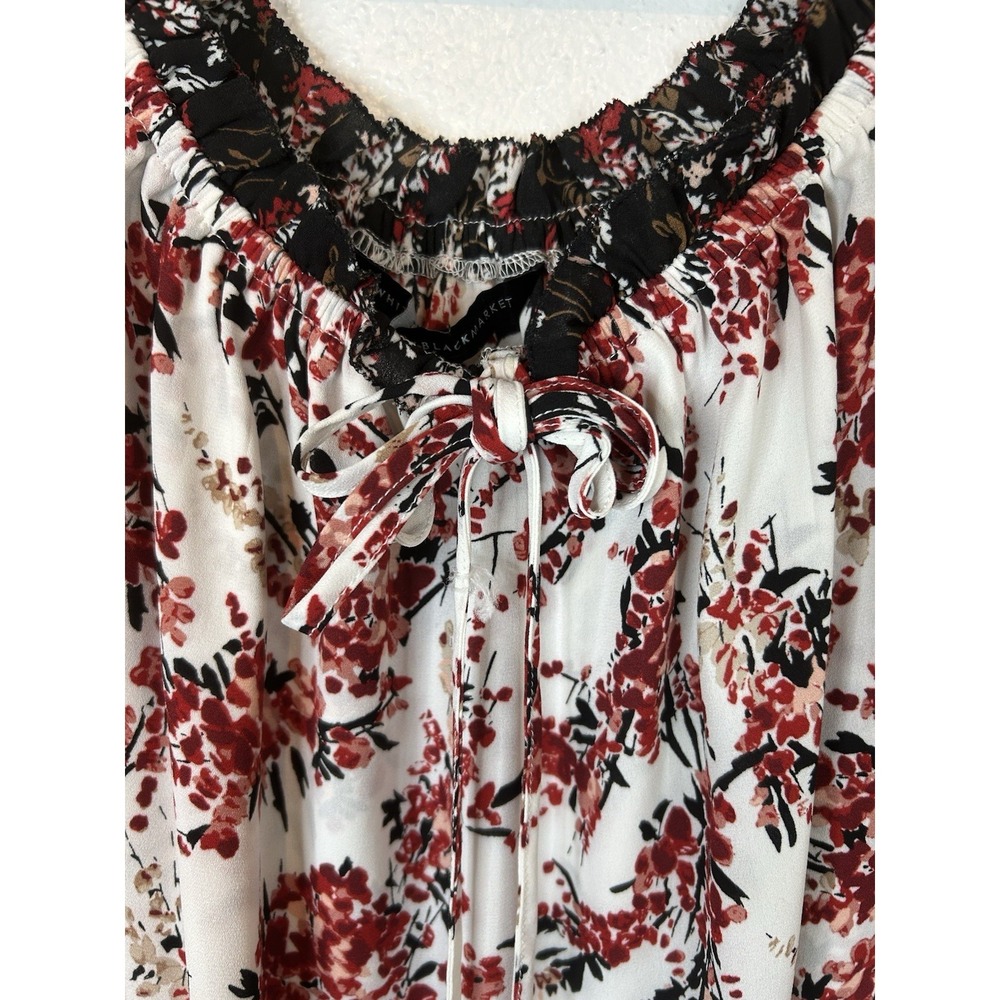 White House Black Market Floral Peasant Blouse Size L Red Black Tiered Boho Top - Picture 6 of 8